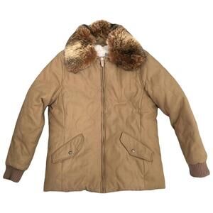 Faux suede down‎ working puffer coat women M w/ faux fur collar